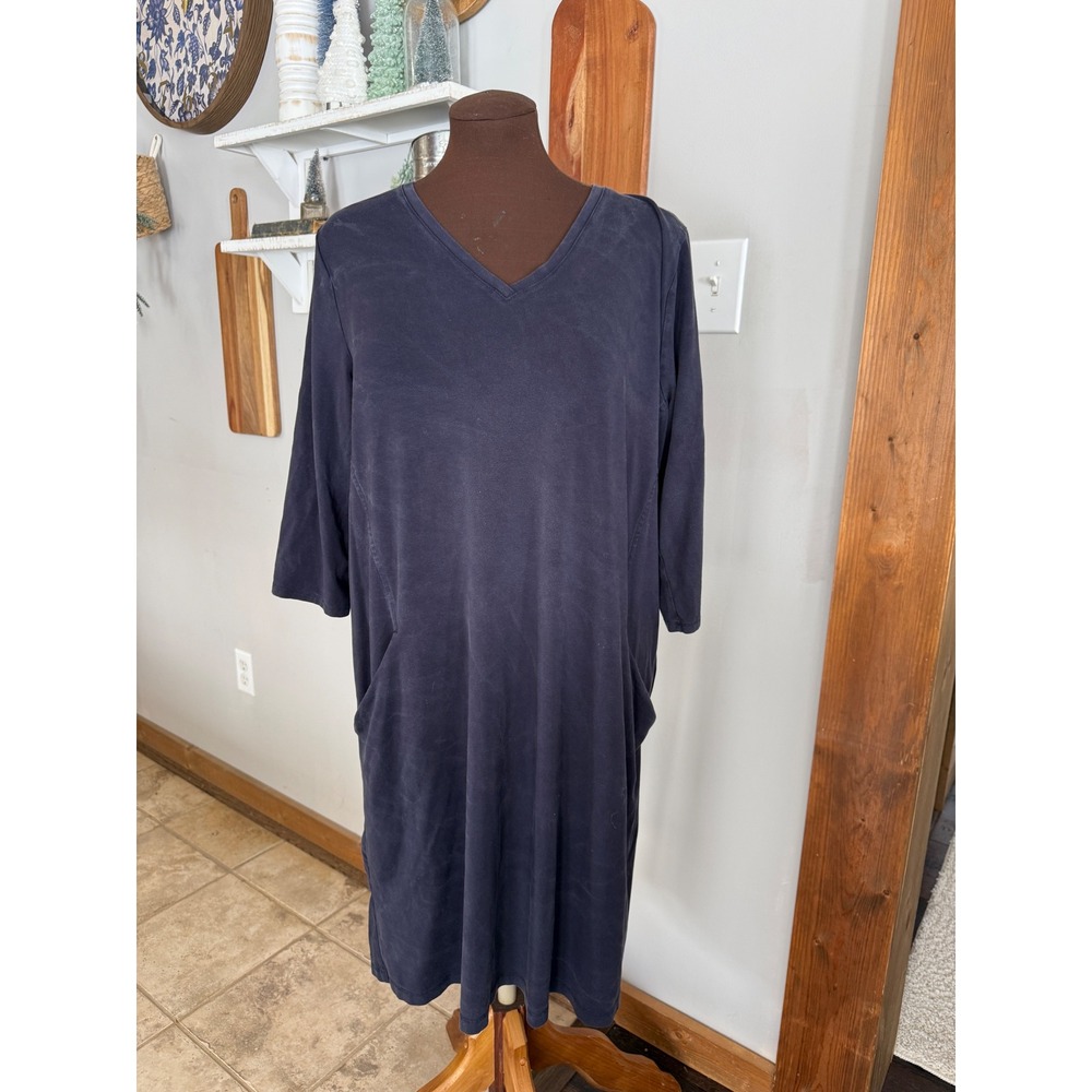 Eileen Fisher Navy Blue Tencel‎ Lyocell V-Neck Shift Dress with Pockets Large